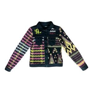 Desigual womens  Denim sweater jacket knit black yellow pink,Size XS Mint